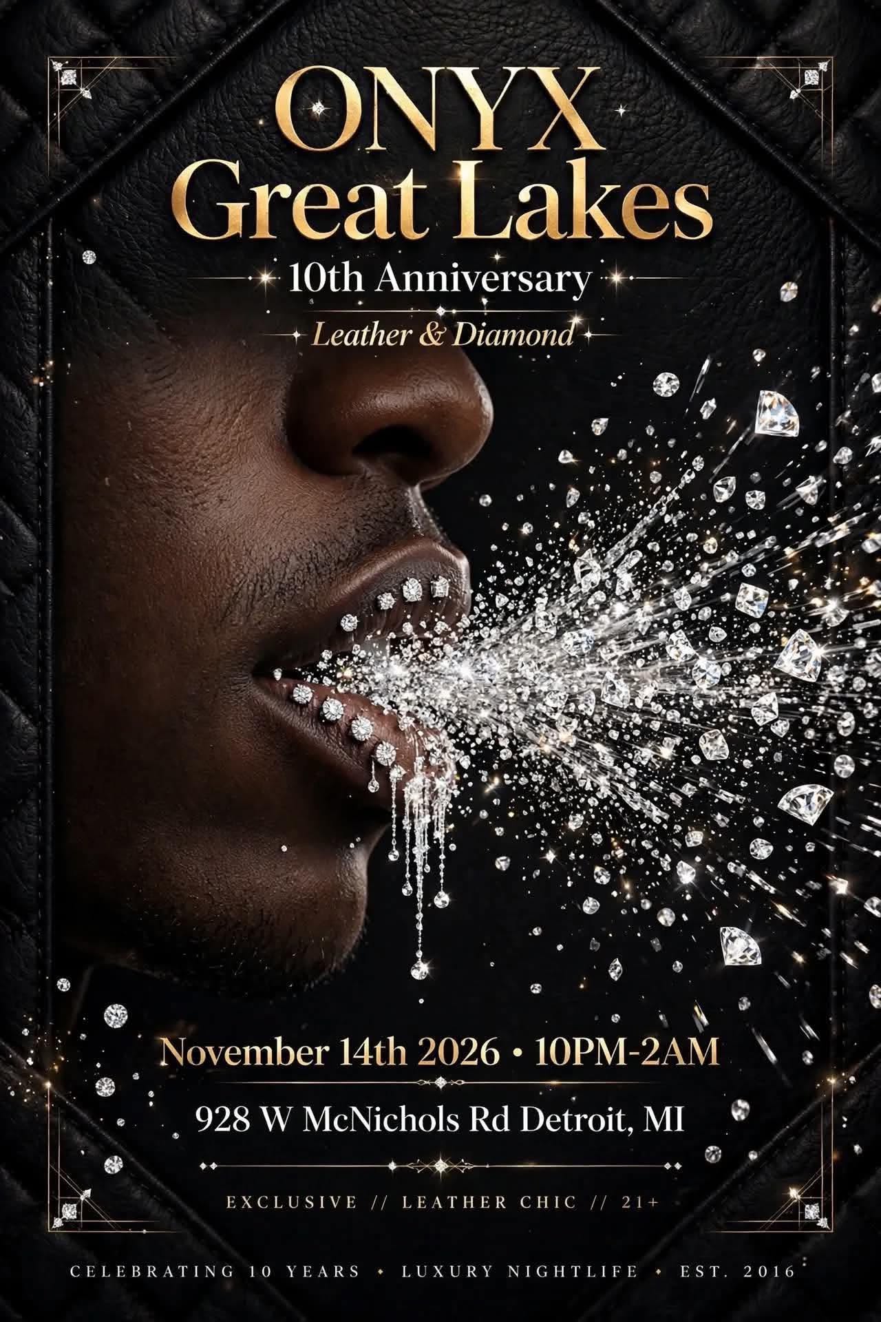 ONYX Great Lakes 10th Anniversary Leather & Diamond flyer — November 14, 2026, 10 PM to 2 AM at 928 W McNichols Rd, Detroit