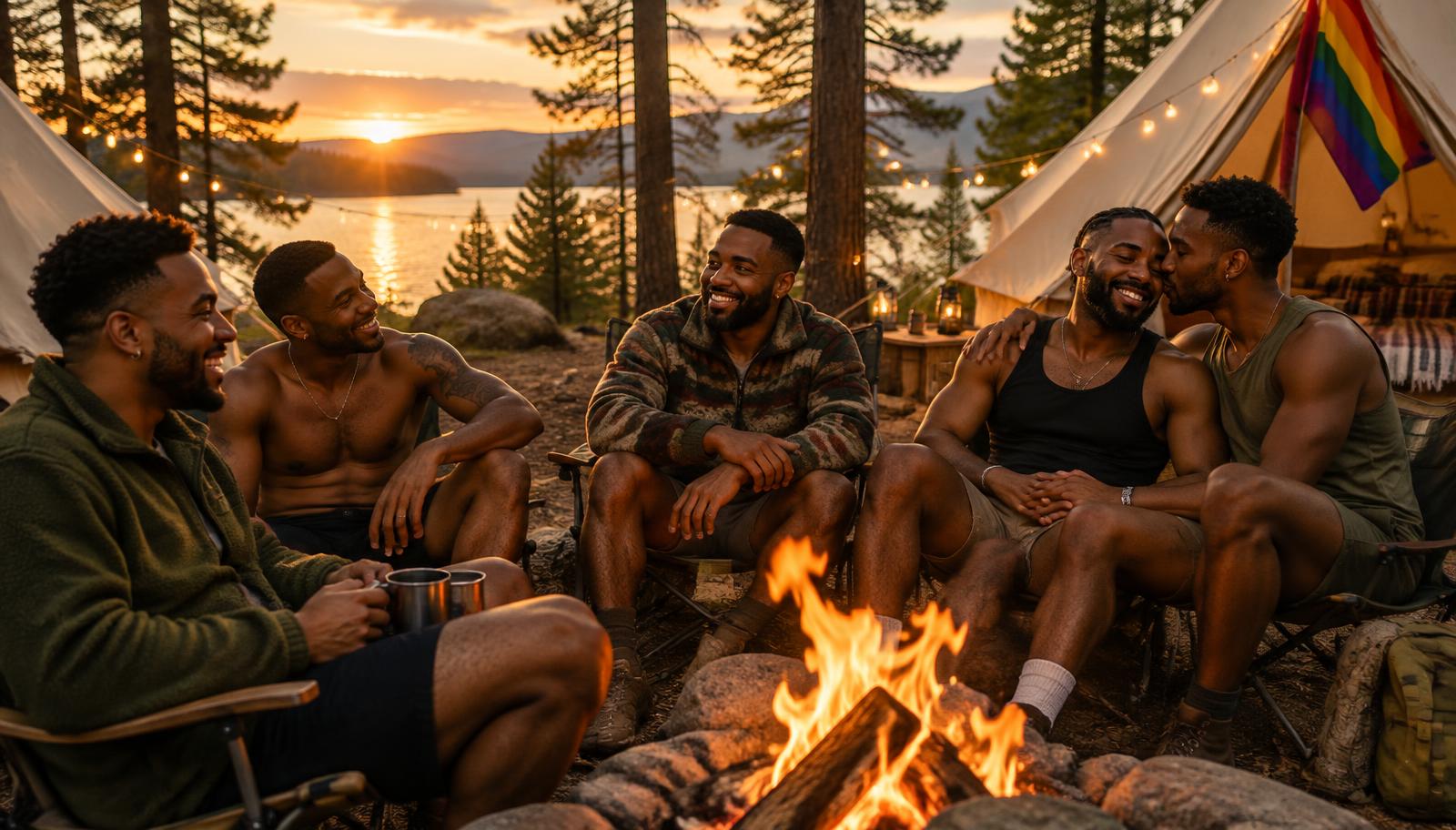 Black gay men laughing around a campfire beside glamping tents and a lake at sunset