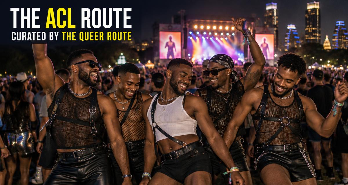 The ACL Route, curated by The Queer Route — friends dancing together at an outdoor Austin concert at night