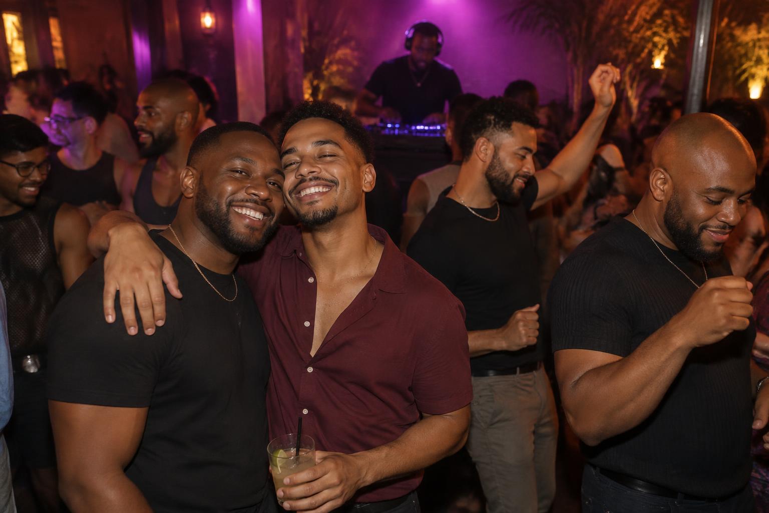 AI-generated editorial illustration of Black and brown queer men enjoying an R&B night together; not a photograph of Luxx or its patrons