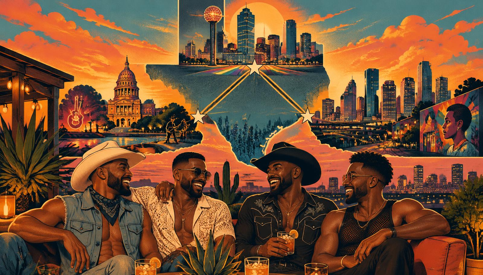Retro travel-poster illustration of Black gay friends on a Texas patio beneath the Dallas, Austin, and Houston skylines